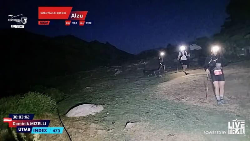 Des traileurs marchant de nuit, leurs frontales éclairant le chemin sur un sentier accidenté.