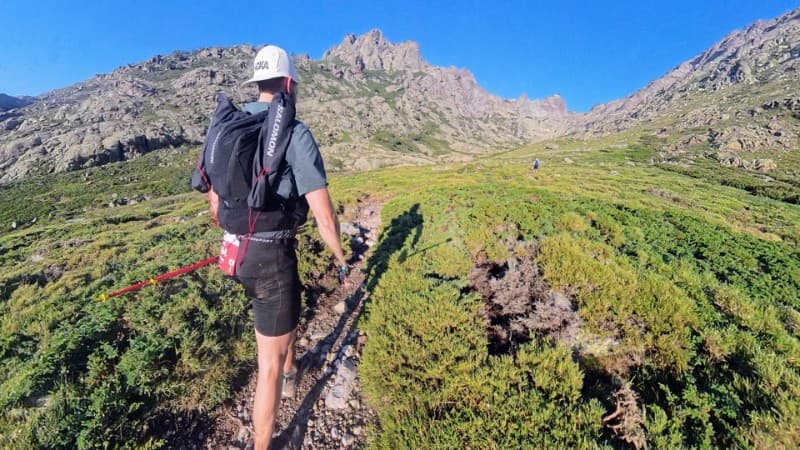 A trail runner with a backpack and trekking poles hikes up a lush, green mountain slope under a clear blue sky, surrounded by rugged peaks and rocky terrain.