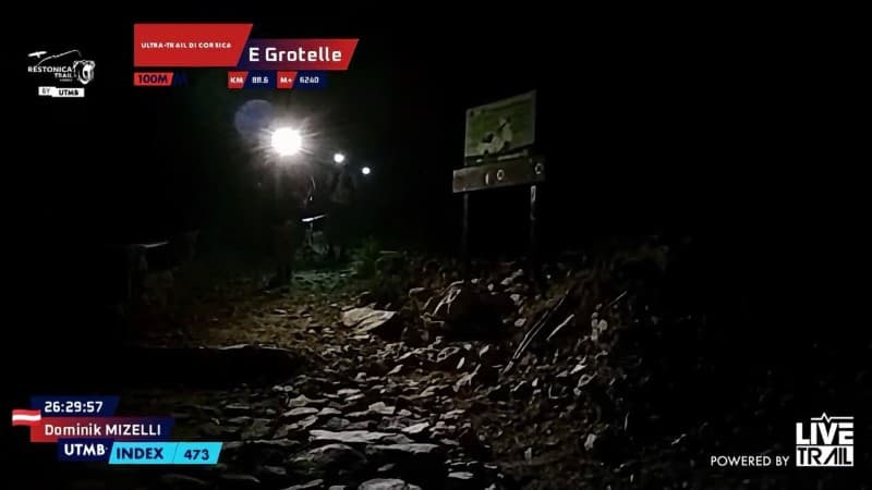 Trail runners using headlamps to illuminate a rocky path during a nighttime run.